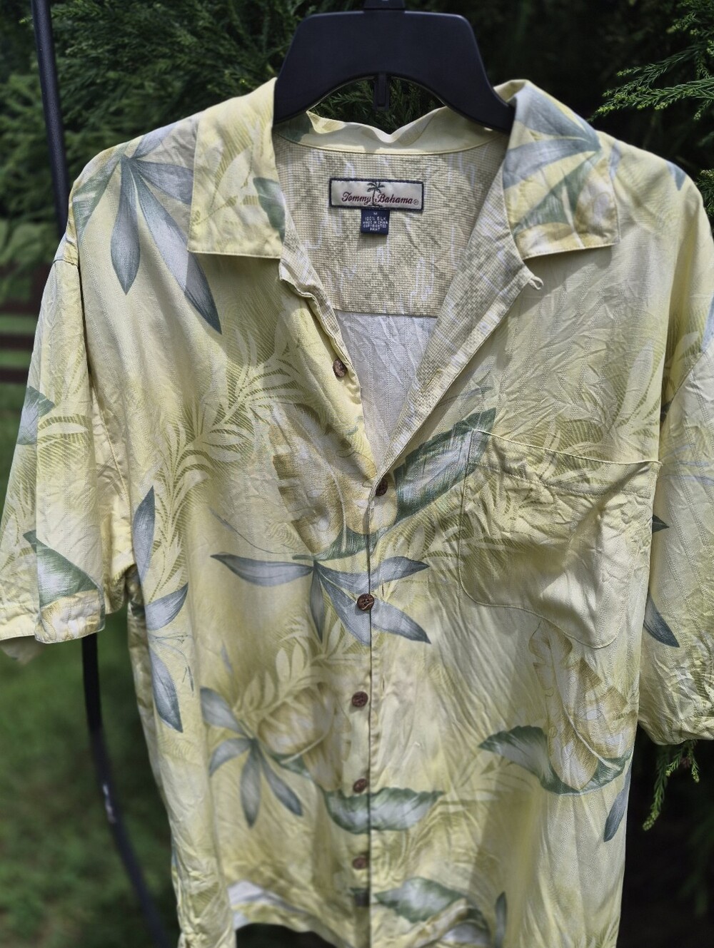 Mens Tommy Bahama Light Yellow Tropical Leaf Button-Down Shirt Medium